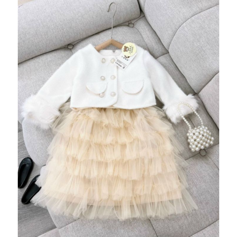 Set  áo dạ chân váy tầng xinh xắn bé gái
