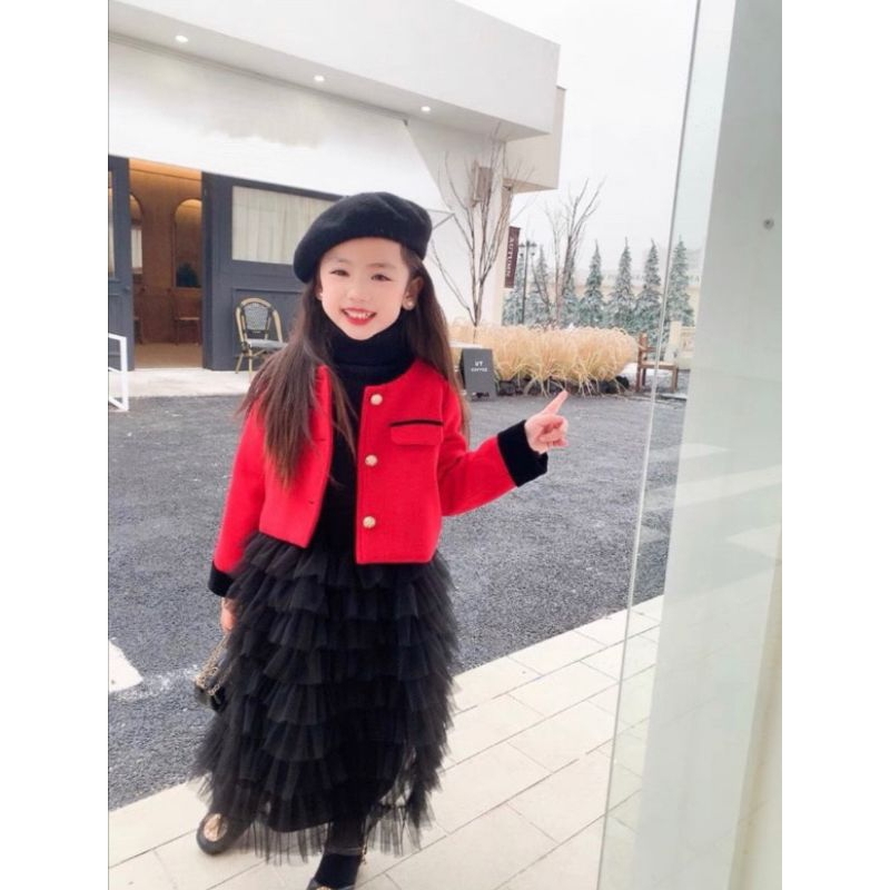 Set  áo dạ chân váy tầng xinh xắn bé gái