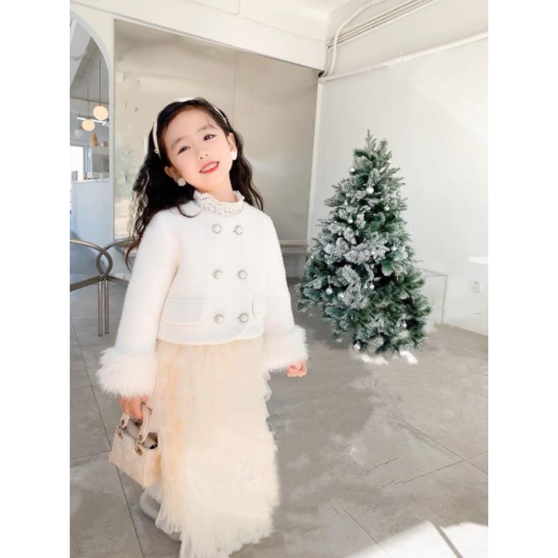 Set  áo dạ chân váy tầng xinh xắn bé gái