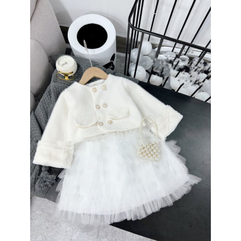 Set  áo dạ chân váy tầng xinh xắn bé gái