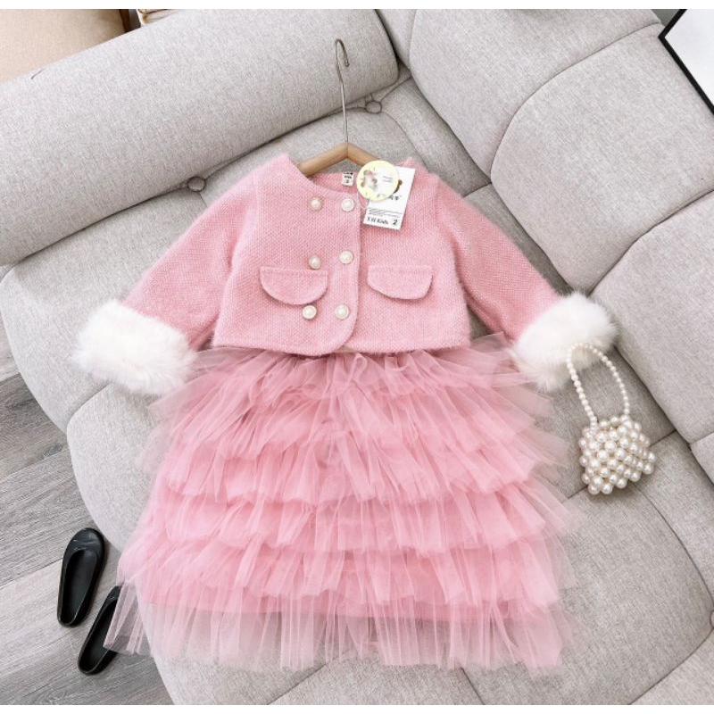 Set  áo dạ chân váy tầng xinh xắn bé gái