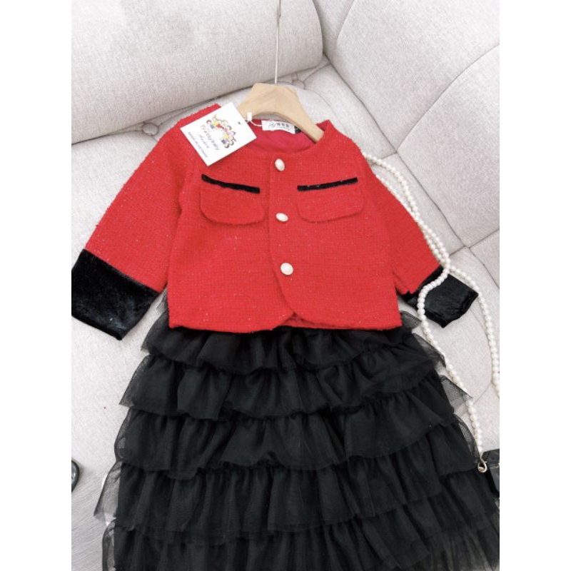 Set  áo dạ chân váy tầng xinh xắn bé gái