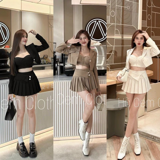 Bigsize Set vest 3 món khoác sơ mi kèm chân váy dập li 55-95kg