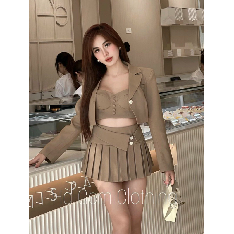 Bigsize Set vest 3 món khoác sơ mi kèm chân váy dập li 55-95kg