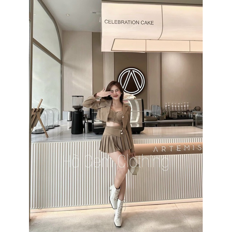 Bigsize Set vest 3 món khoác sơ mi kèm chân váy dập li 55-95kg