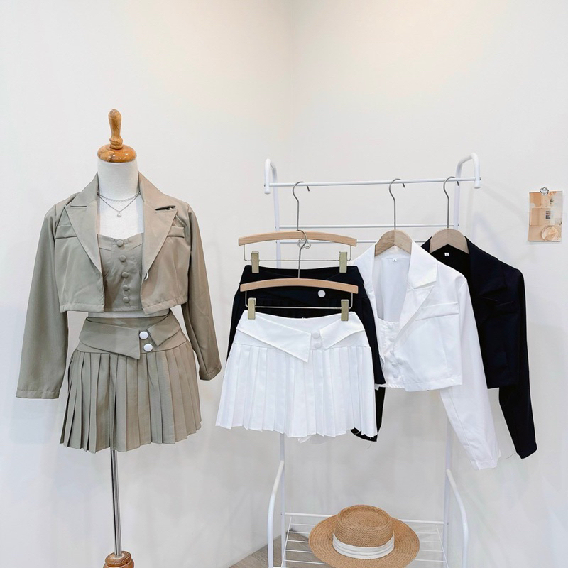 Bigsize Set vest 3 món khoác sơ mi kèm chân váy dập li 55-95kg