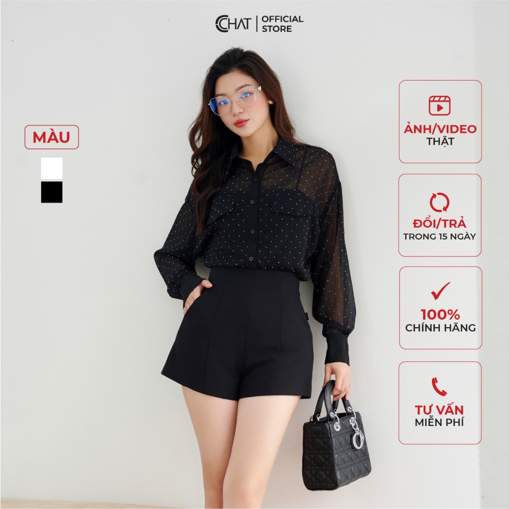 Áo Sơ Mi Nữ 𝐂𝐂𝐇𝐀𝐓 Kiểu Đính Đá Dáng Suông Chất Voan Cao Cấp Phong Cách 23SDV8001ST
