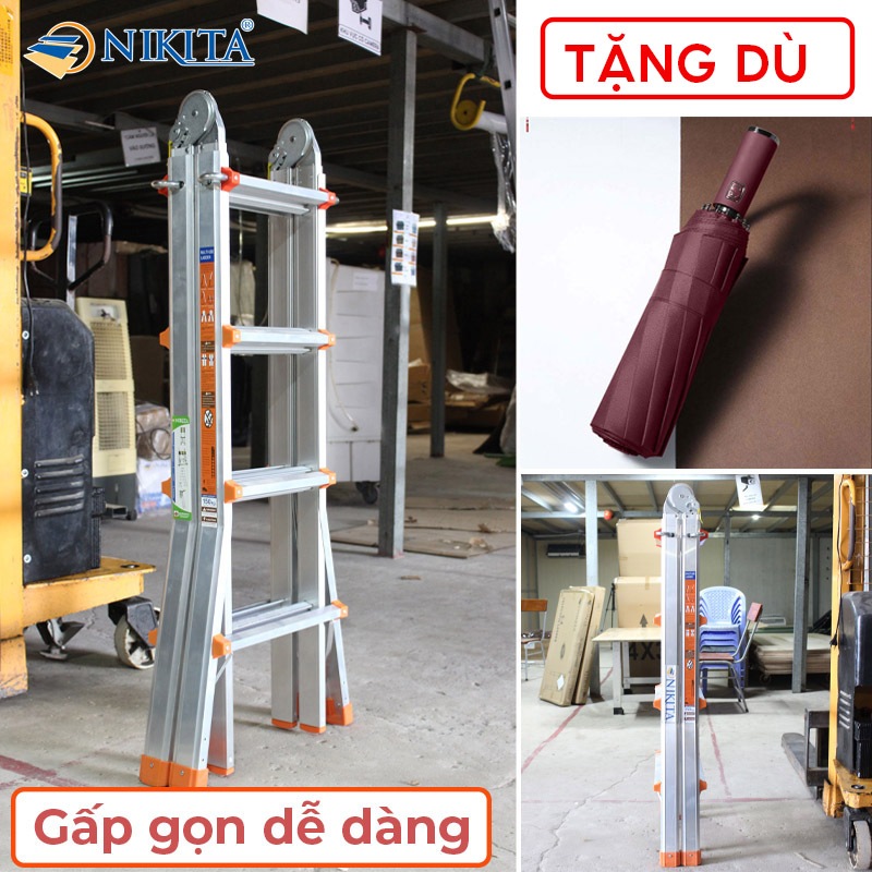 Thang nhôm trượt gấp cao cấp, có thể duỗi thẳng NIKITA, thang AD khoá gấp tự động