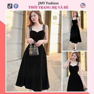 V389 Váy đầm đen 2 dây đính đá cổ tim dự tiệc [TH Hà Thanh] váy nhung đen xòe dài 2 dây sang chảnh