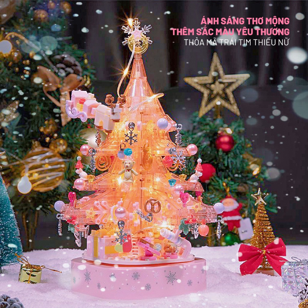 Hộp Âm Nhạc Giáng Sinh Lên Dây Cót Lắp Ghép Cây Thông Hồng Mộng Mơ Có Đèn Và Xoay Tròn - Đồ Chơi Lắp Ráp Lego