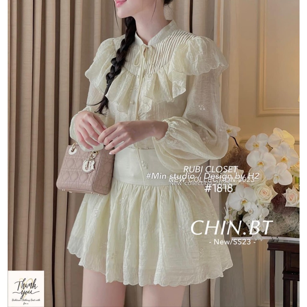 Set váy dài tay vải thô tay bồng, bộ váy ren trắng siêu xinh Medolin 304 HT