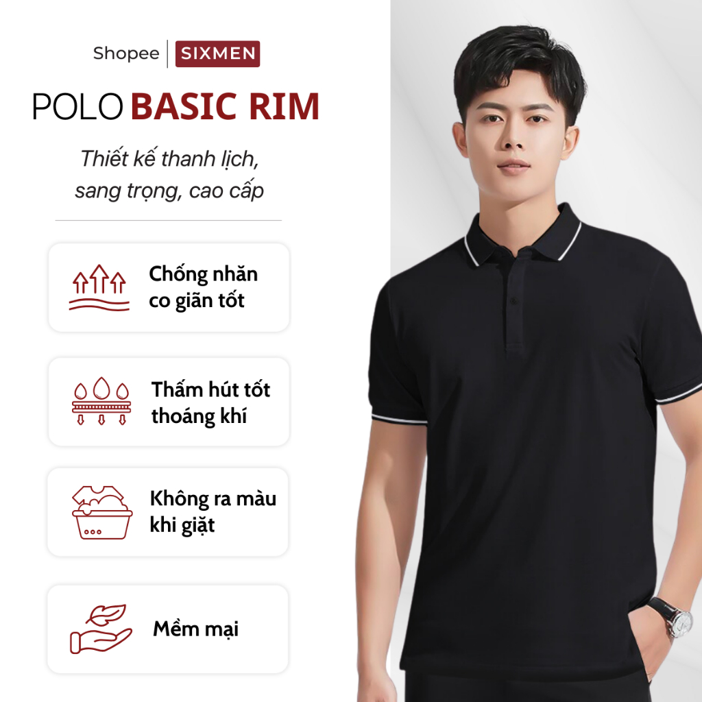 Áo thun Polo Cao Cấp Nam cổ bẻ SIXMEN - Đen viền - Thoáng mát, sang trọng
