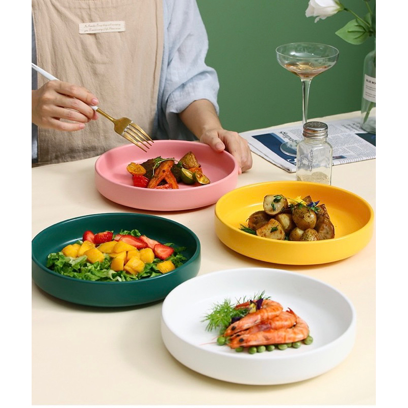 Đĩa sứ màu pastel , Đĩa sứ sâu lòng tròn trơn Size 21 cm