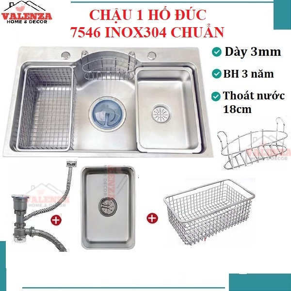 Chậu rửa bát 1 hố inox 304 Valenza 7546 bán nguyệt ĐÚC liền khối dày 3li, bộ xả to 18cm thoát nhanh khay inox rổ lỗ