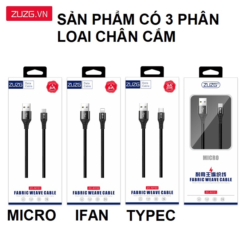 Cáp sạc nhanh bọc dù chống đứt , chống rối - hỗ trợ truyền tải dữ liệu tốt - chính hãng ZUZG NY01/2/3