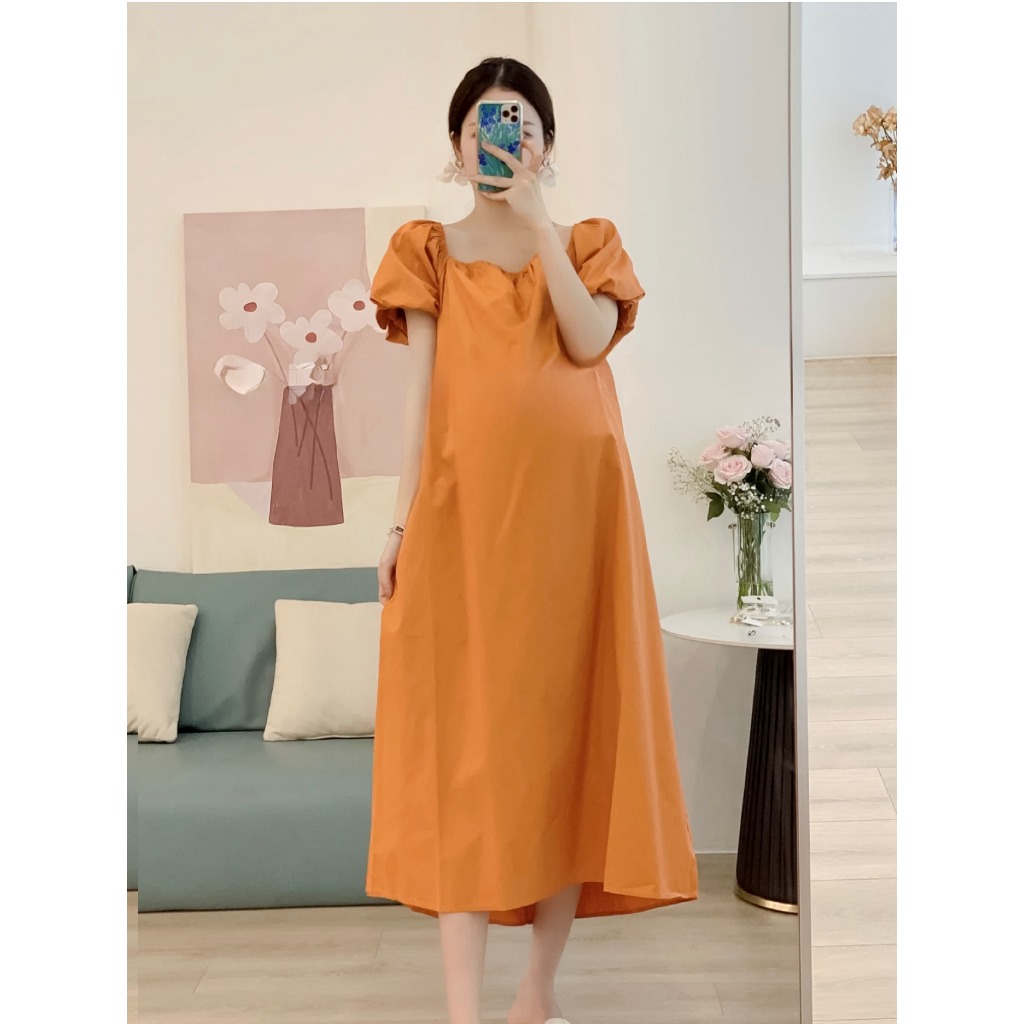Đầm Bầu Cổ Vuông Tay Bồng Thiết Kế Thời Trang Hàn Quốc Chất Liệu Mềm, Mát Không Nhăn Nhàu Fullsize 40-85kg