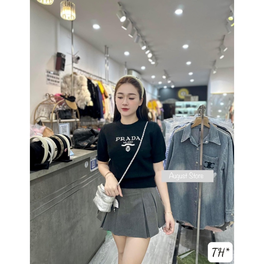 Áo Len Pra Milano Cộc Tay Họa Tiết Thêu Basic Freesize