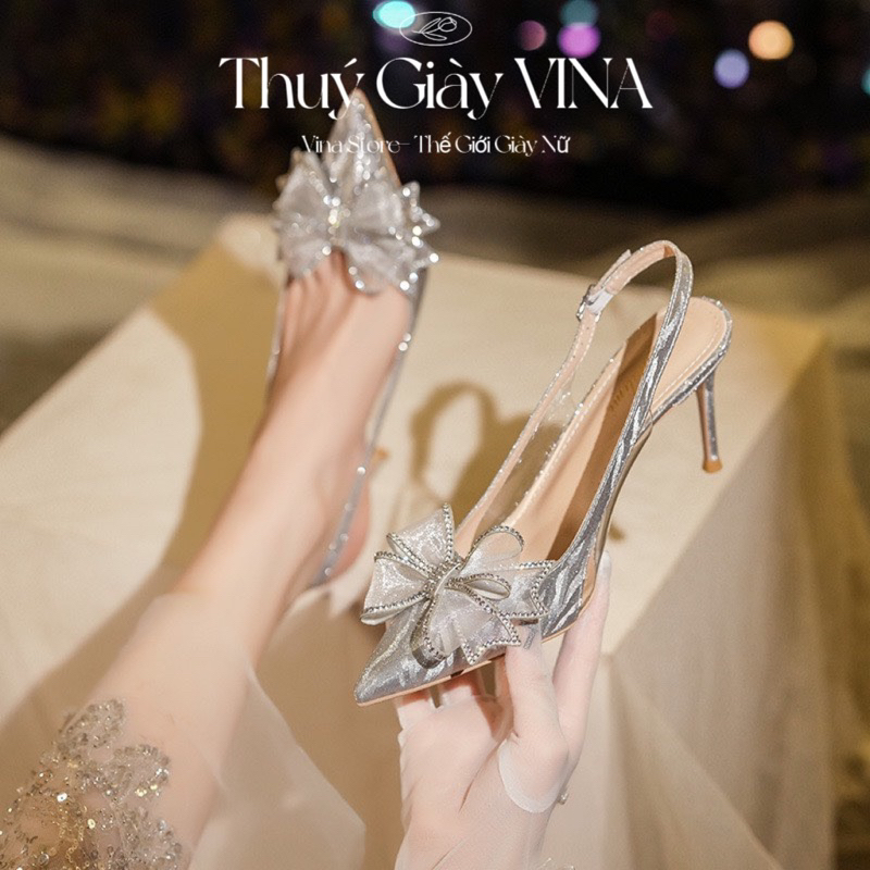 Giày cao gót nữ mũi nhọn 9 phân hở eo quai nhũ đính NƠ CÁNH TIÊN,giày cưới cô dâu 2023 THUÝ GIÀY VINA STORE mã P9
