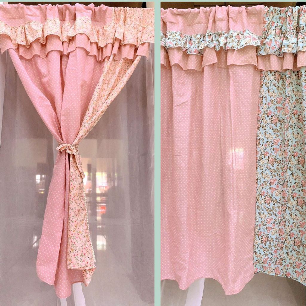 Rèm cửa màn che phối vải hoa chấm bi canvas viền ren hồng xanh phong cách Vintage Nhà Xinh Decor
