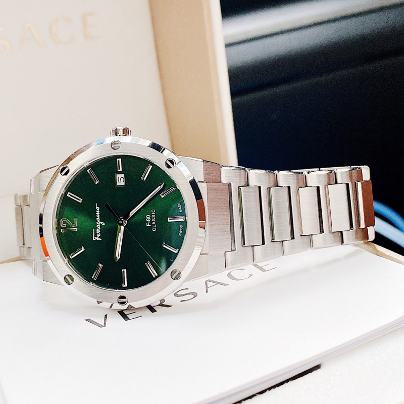 Đồng hồ nam Salvatore Ferragamo F80 classic mặt tròn xanh dây kim loại siz 40mm mỏng đẹp