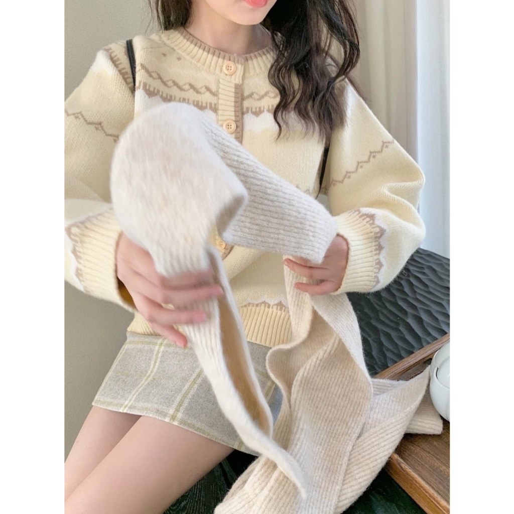 Áo khoác cardigan len màu vàng kem phối màu siêu xinh - 219