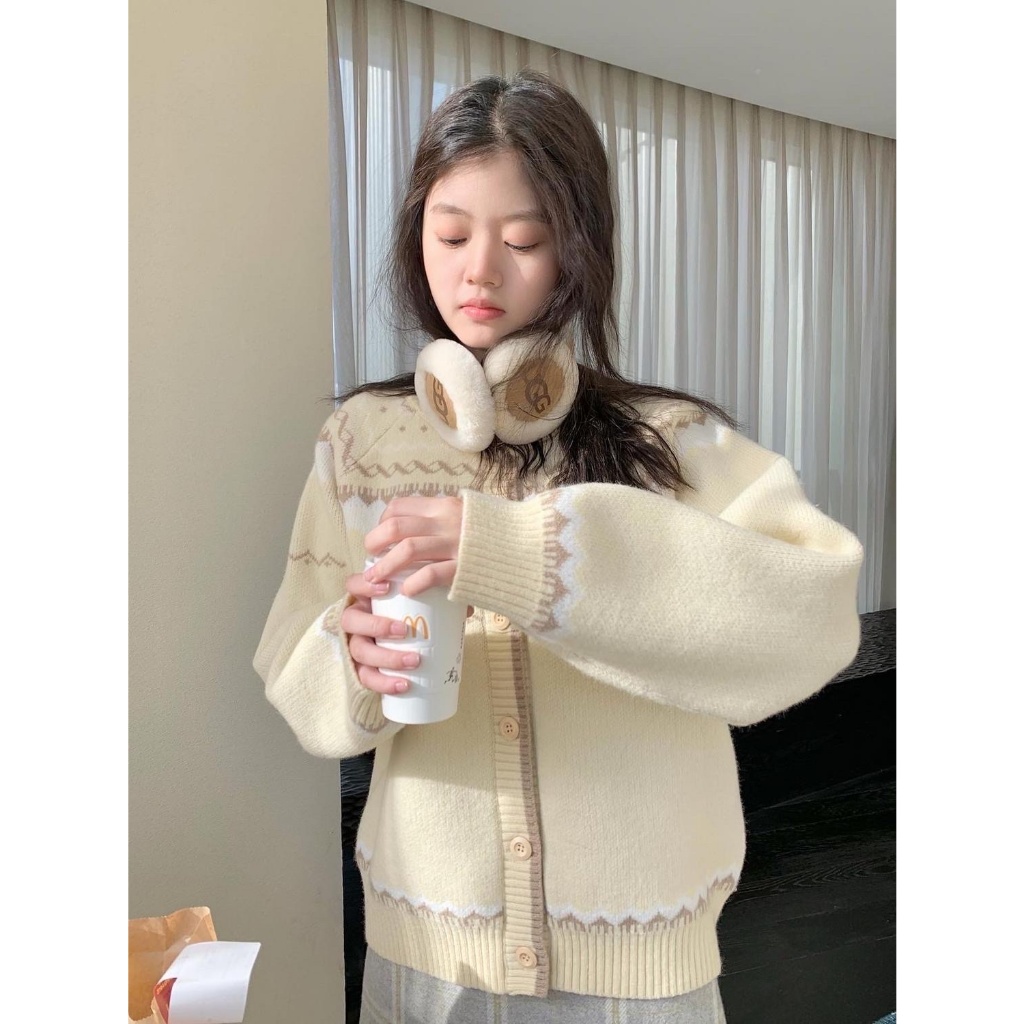 Áo khoác cardigan len màu vàng kem phối màu siêu xinh - 219