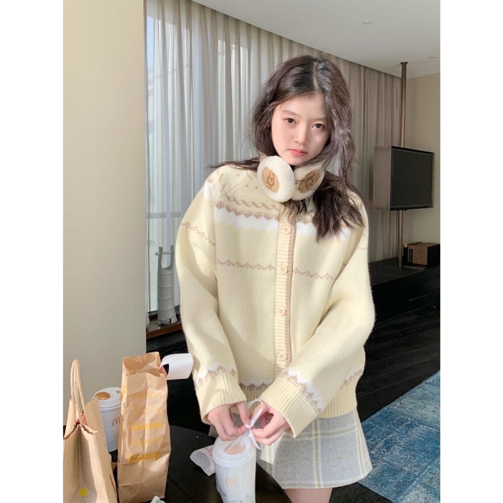 Áo khoác cardigan len màu vàng kem phối màu siêu xinh - 219