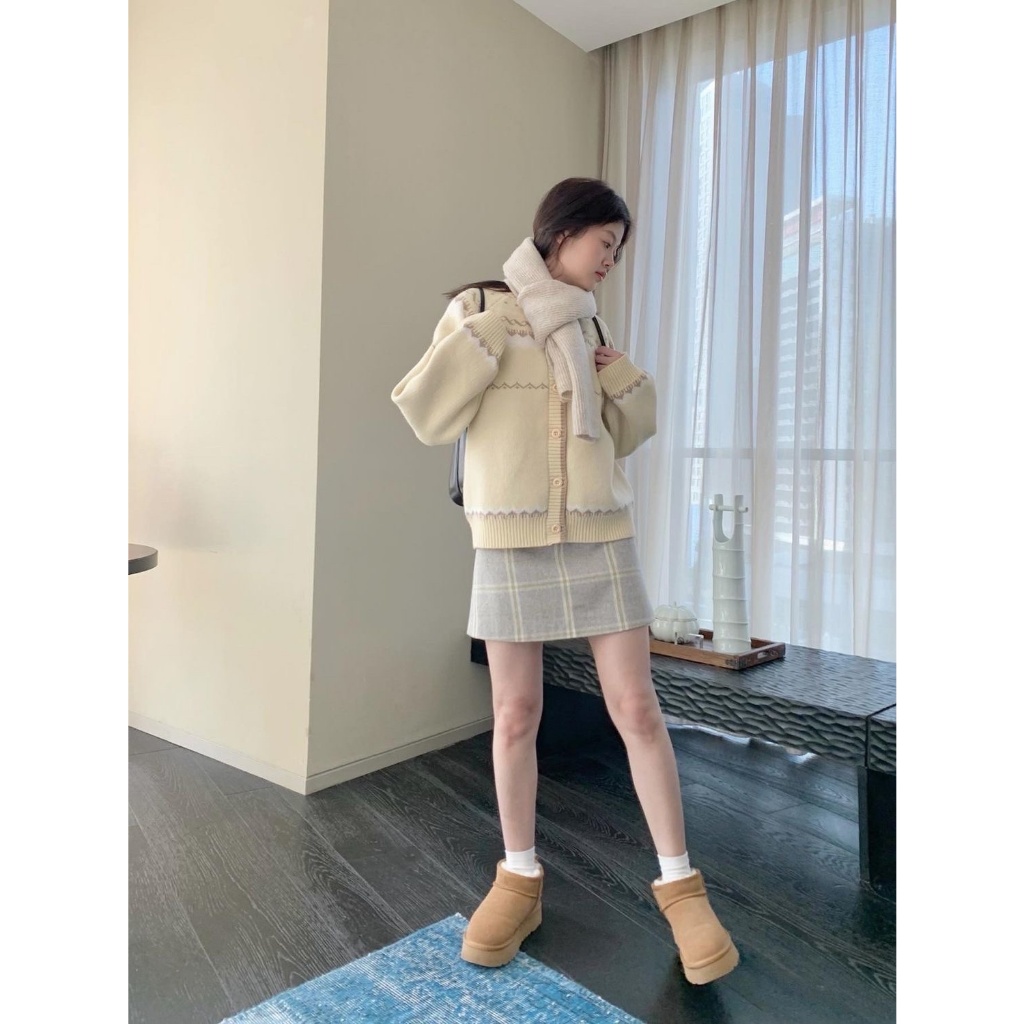 Áo khoác cardigan len màu vàng kem phối màu siêu xinh - 219