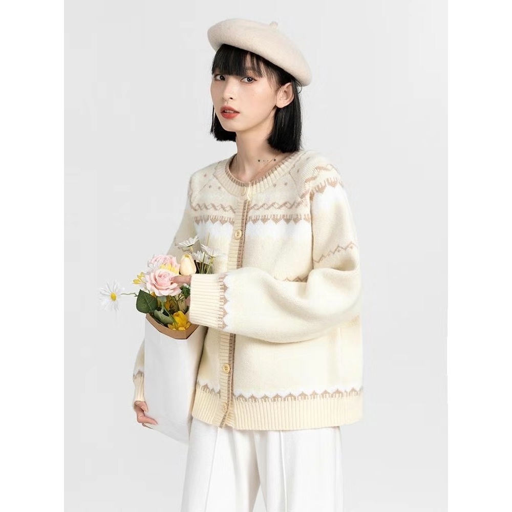 Áo khoác cardigan len màu vàng kem phối màu siêu xinh - 219