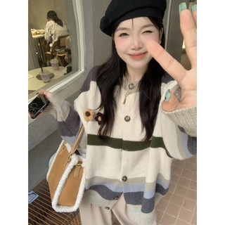 Áo Khoác Len Cổ Tròn Tay Dài Dáng Dài Dệt Kim Dày Dặn Phối Hoa Bông Nổi Sọc Ngang Cute Hàng Qccc Phù Hợp Mặc Đi Chơi