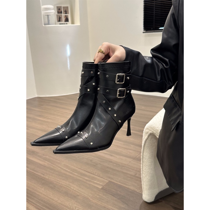 Giày Bốt Cao Gót Mũi Nhọn Bằng Da Pu Màu Trơn Basic Phối Khóa Kéo Thời Trang Dành Cho Nữ