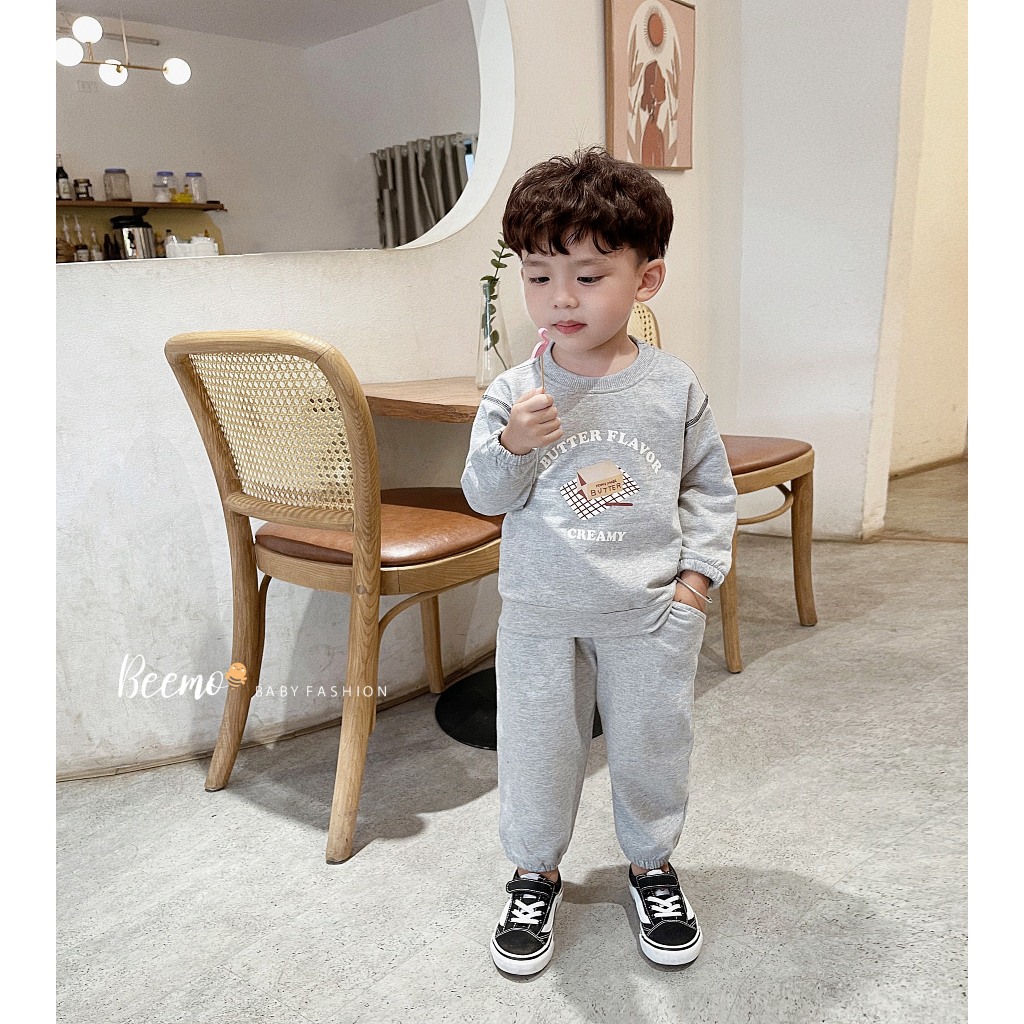 Set bộ nỉ da cá dài tay Beemo, in hình Butter vải mềm mại, co dãn outfit hoàn hảo thu đông cho bé trai từ 1-7 tuổi 23225