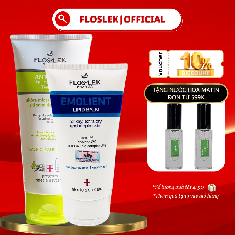 Combo sữa rửa mặt 200ml Floslek và kem dưỡng ẩm 50ml Lipd Balm làm sạch - cấp ẩm làm mềm mịn - tốt cho da mụn Chính hãng