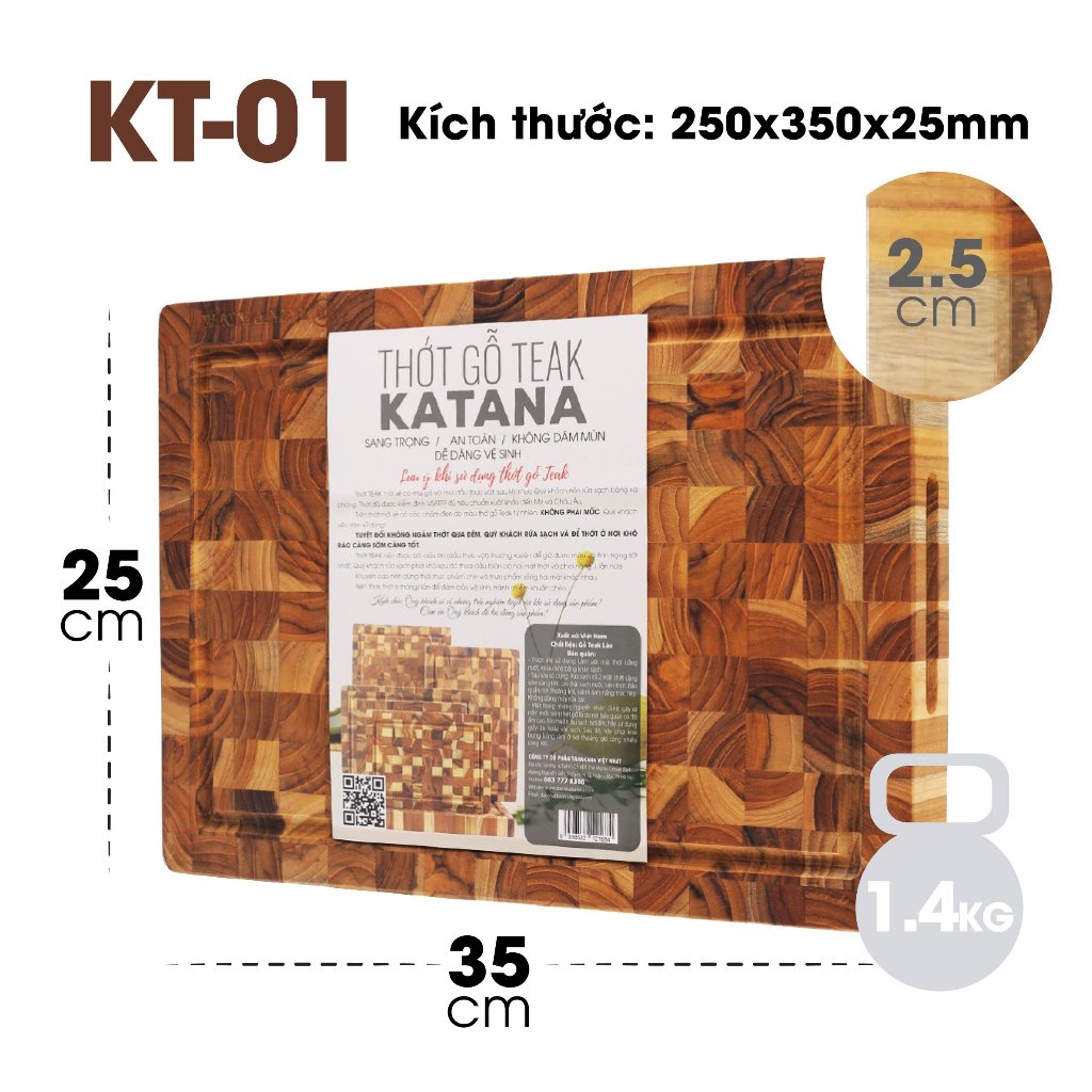 Thớt gỗ Teak KATANA siêu tiện dụng an toàn thực phẩm hình chữ nhật size vừa - KT01 250x350x25mm