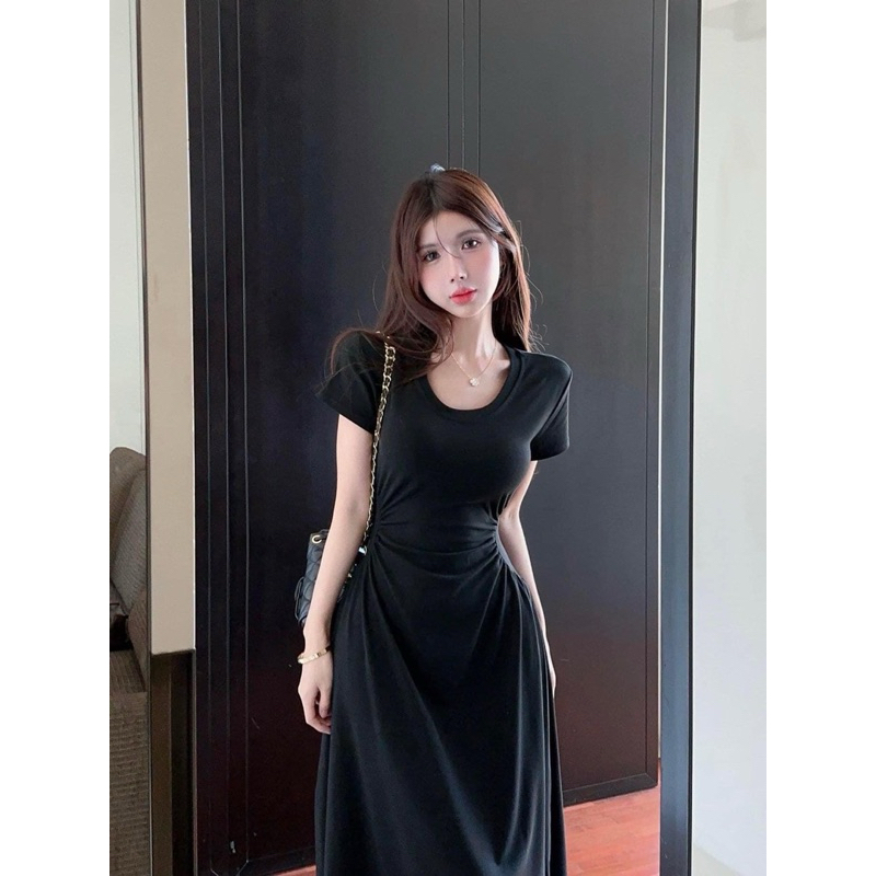 ĐẦM THUN TAY NGẮN CỔ TRÒN NHÚN EO