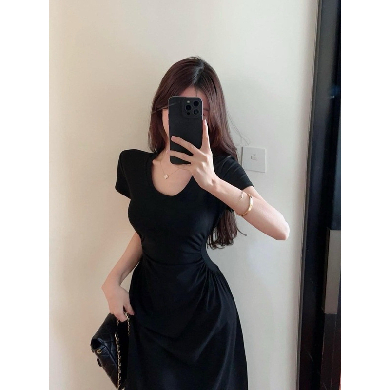 ĐẦM THUN TAY NGẮN CỔ TRÒN NHÚN EO