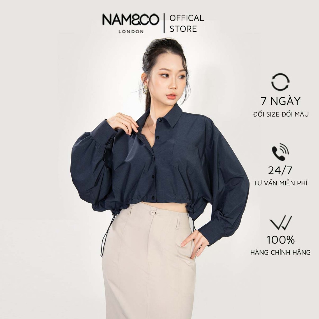 Áo sơ mi croptop dài tay nữ Namandco gấu áo có chun điều chỉnh trẻ trung, năng động size S, M màu xanh NB0244