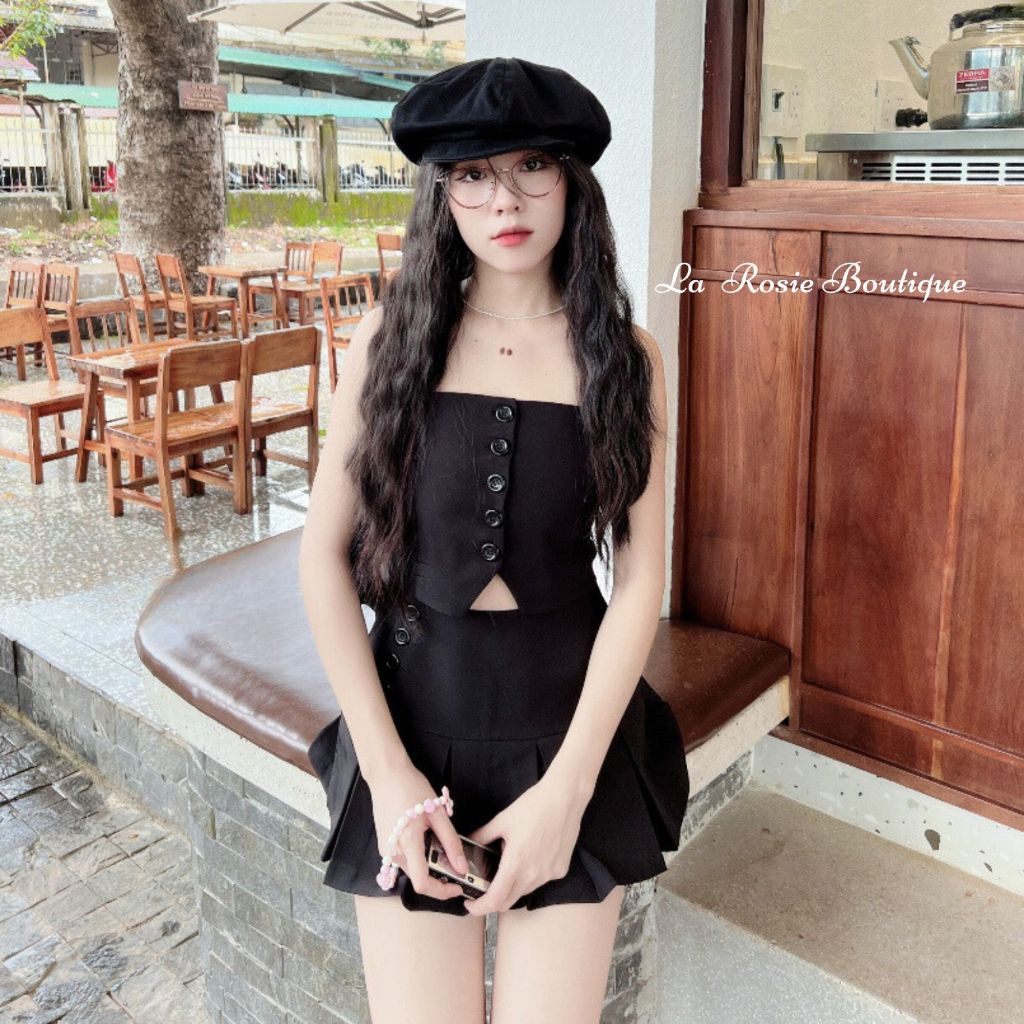 Chân Váy Kiểu Phối Nút LA ROSIE BOUTIQUE  Bản To Xếp Ly Ôm Gọn Body