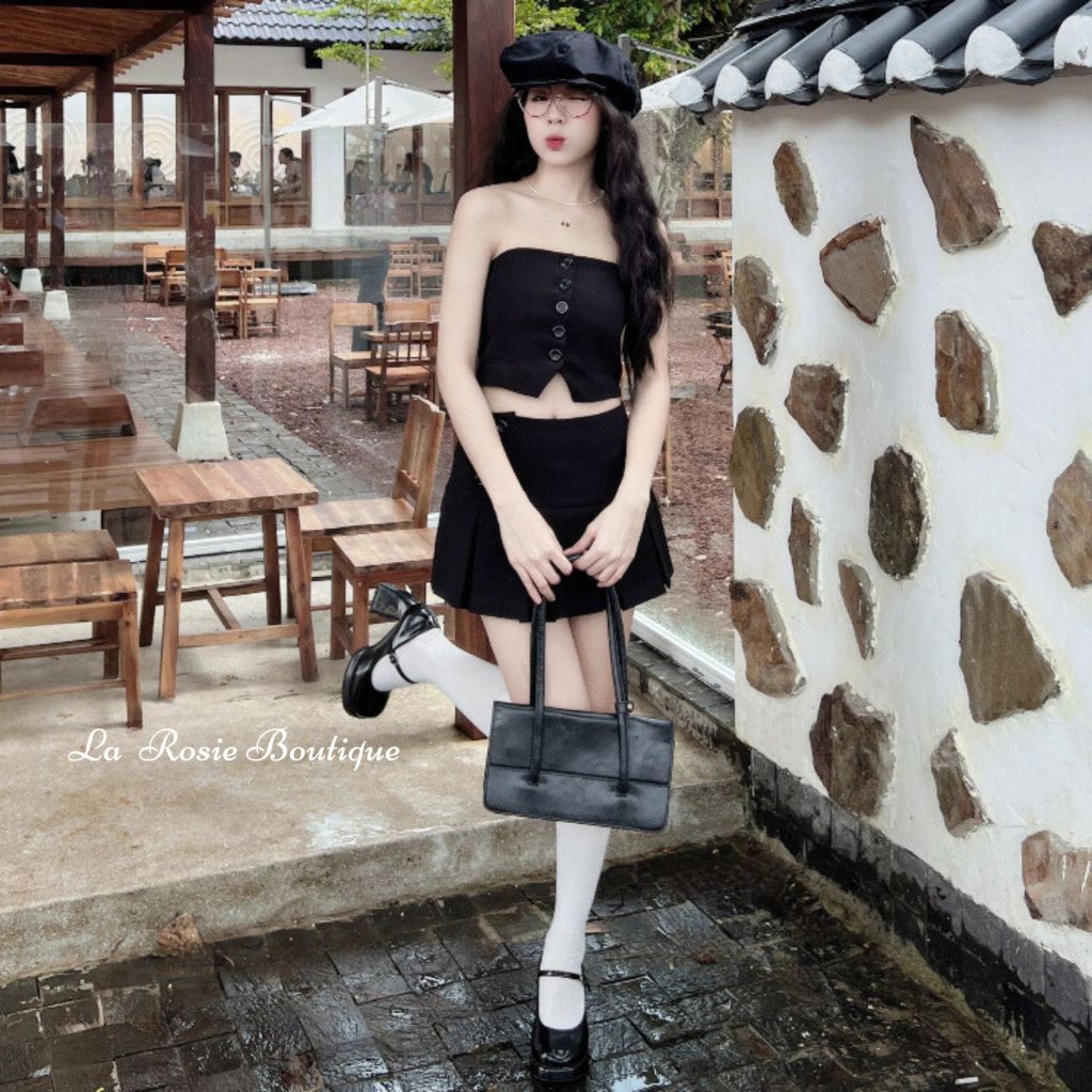 Chân Váy Kiểu Phối Nút LA ROSIE BOUTIQUE  Bản To Xếp Ly Ôm Gọn Body