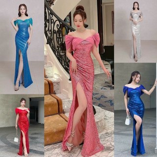 Đầm dạ hội kim sa rớt vai cao cấp có 4 màu kèm ảnh thật khách mặc TẶNG KÈM HOA TAI THỜI TRANG