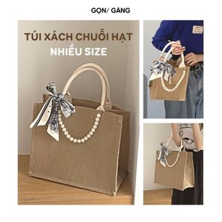 Túi xách nữ vintage nhiều size vải cói cứng kèm chuỗi hạt và khăn đi tiệc đi du lịch đựng đồ cá nhân cầm tay Gọn Gàng