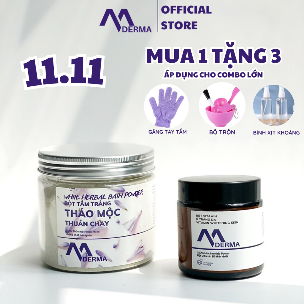 (COMBO Ủ TRẮNG) Bột Thảo mộc+ Bột Niacinamide Mderma tặng bộ trộn- Da trắng hồng mịn màng sau 14 ngày