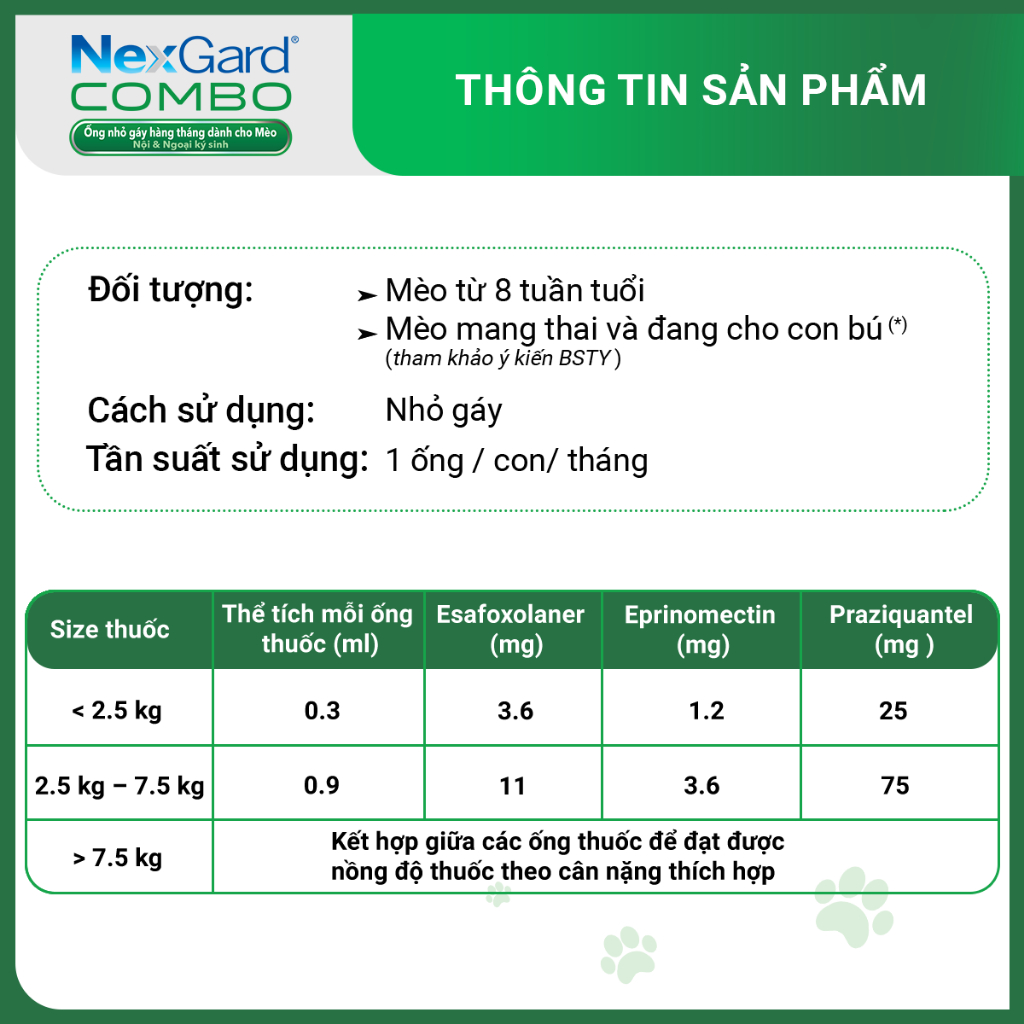 NexGard COMBO - Ống nhỏ gáy phòng & trị nội, ngoại kí sinh dành cho mèo size L (2.5 - 7.5kg) - 1 hộp 3 ống