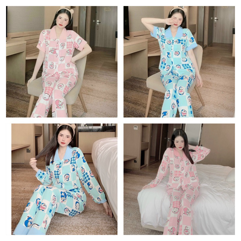 Bộ ngủ pijama ( bộ doremon) chất lụa mango mềm mịn ( ảnh thật ) size 40-58kg