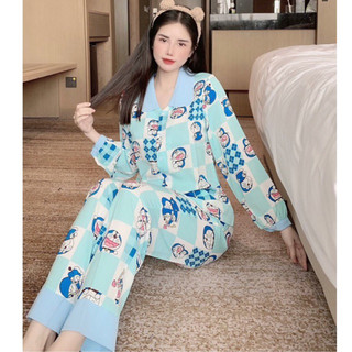 Bộ ngủ pijama ( bộ doremon) chất lụa mango mềm mịn ( ảnh thật ) size 40-58kg