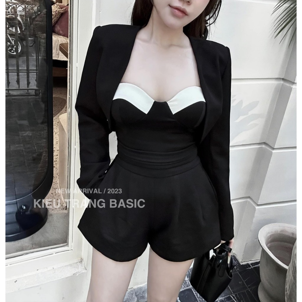 BIGSIZE HIẾU HIẾU  - Set jum đùi cúp viền trắng có mút kèm áo khoác tay dài sang trọng