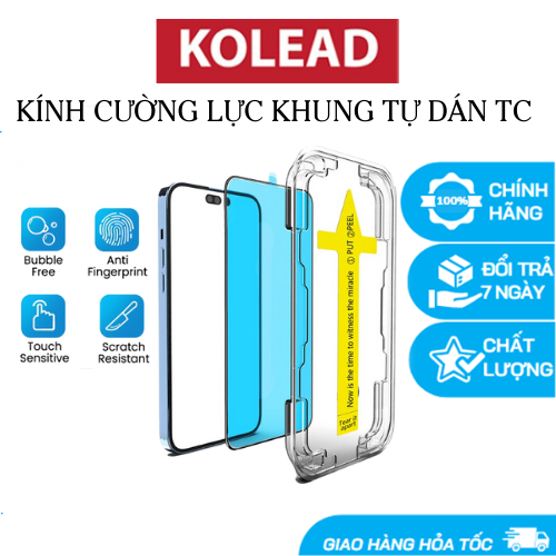 Kính cường lực iPh TC khung tự dán, độ cứng 9H dán full màn hình KOLEAD chống xước không cấn, chống bụi