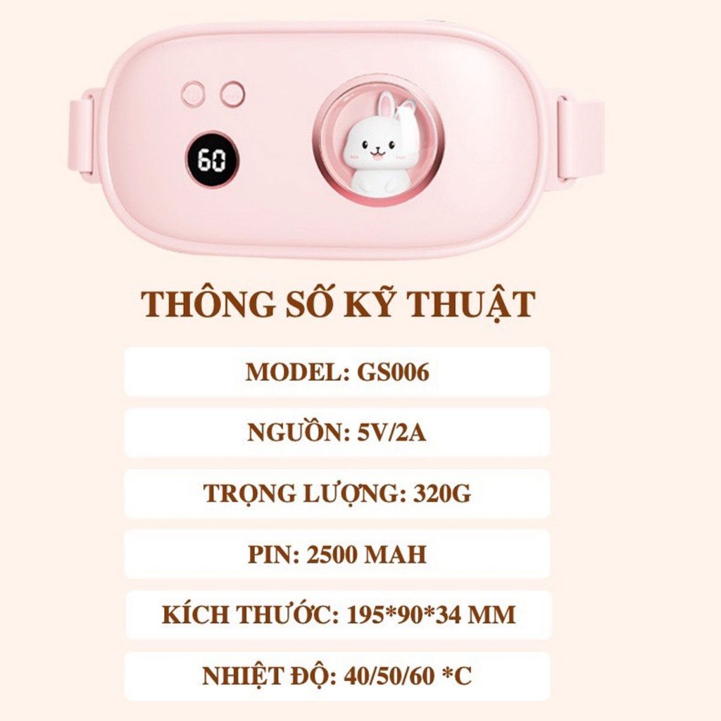 Đai massage bụng kinh giảm mỡ giảm cân hình thỏ, máy chườm nóng giảm đau bụng kinh, massage bụng lưng.