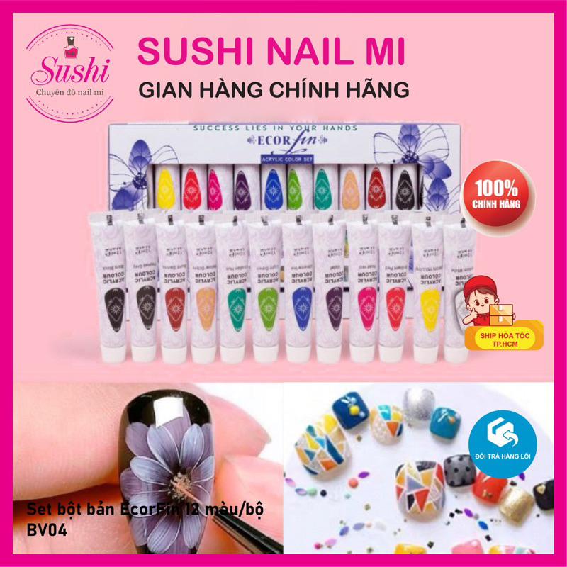 Set bột vẽ cọ bản Ecor Fin 12 màu chuyên dụng cho nail - Sushi nail mi