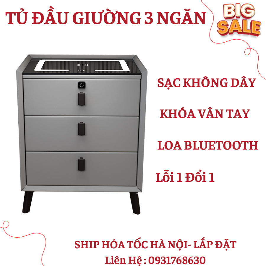 Tủ đầu giường thông minh 3 tầng Có Khoá Vân Tay Sạc Tự Động - Tab để đầu giường có Cổng Sạc Usb + Loa Bluetooth